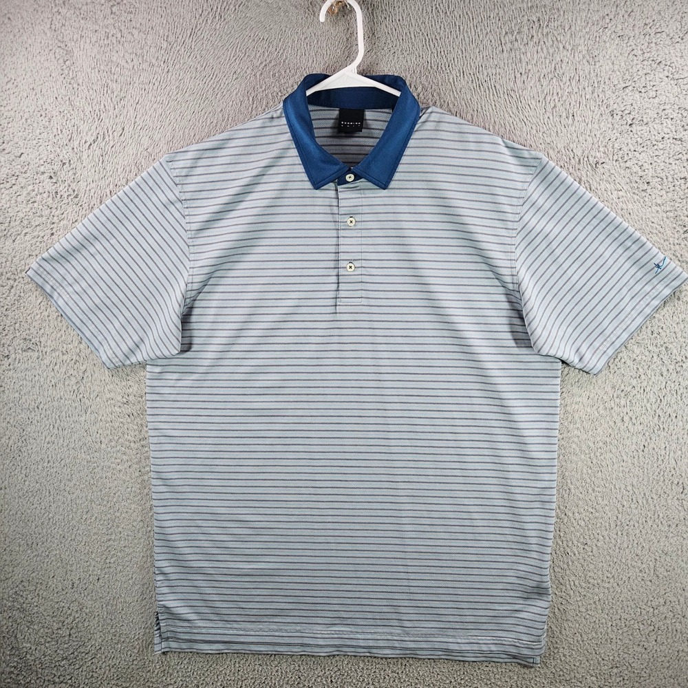 Dunning Golf Mens XL Polo Shirt Blue Gray Striped Short Slv Performance Stretch